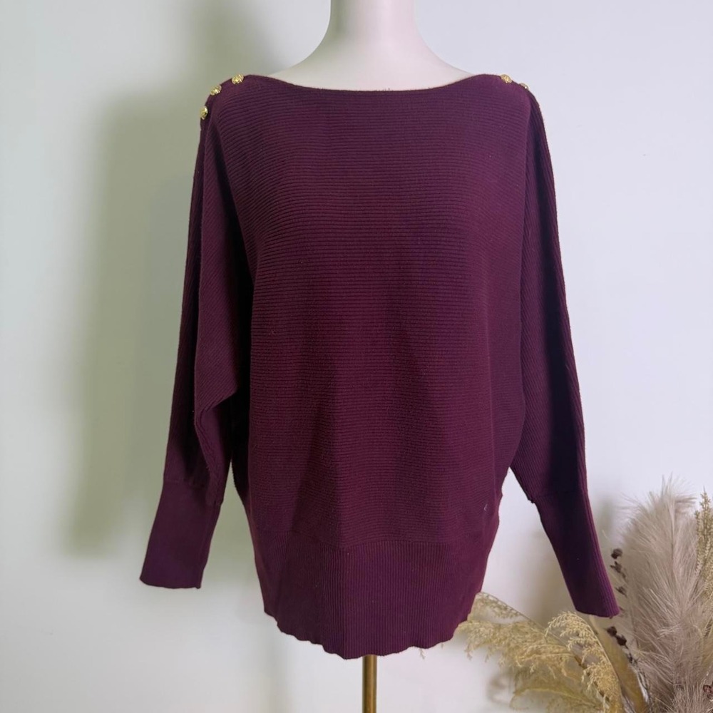 Lauren Ralph Lauren XL Burgundy Ribbed Knit Gold Button Shoulder Sweater